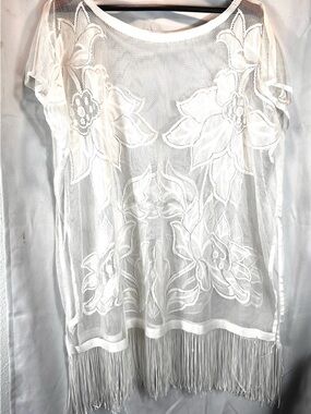Sheer White Floral Embroidered Fringe Top